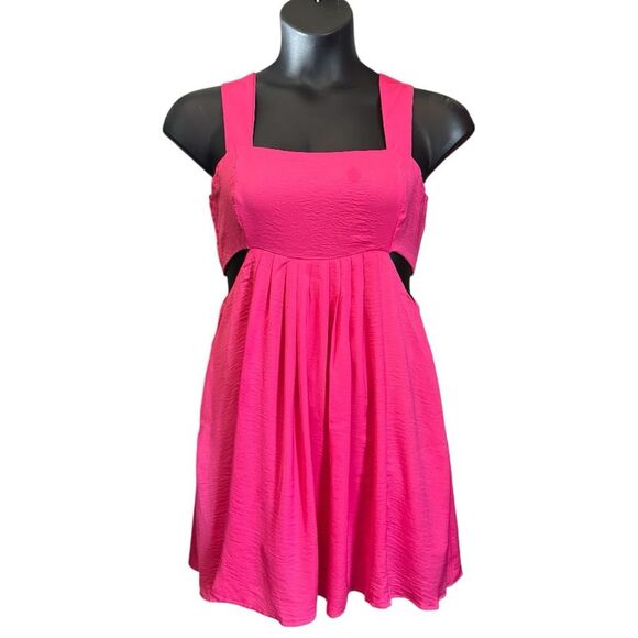Hot Pink Mini Dress Pocket Washed Satin Cutout Skirt Bandeau | Davi & Dani - Picture 8 of 16